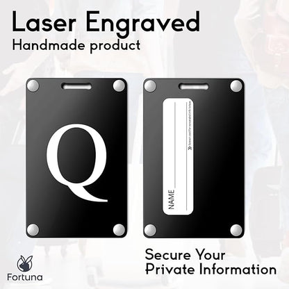 Premium 3-Layer Aluminum Luggage Tags by Fortuna - Easy to Claim, Laser-Engraved, Plastic-Free, and Eco-Friendly Luggage Tag Holders, 2-Pack, Black (Q)