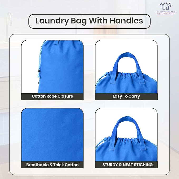 LFH Home Large Premium Cotton Canvas Laundry Bag with Drawstring and Handles Heavy Duty, Multi-Use, and Washable for Home, Travel, College or Storage 20x30 (Pack of 4)-Sky Blue