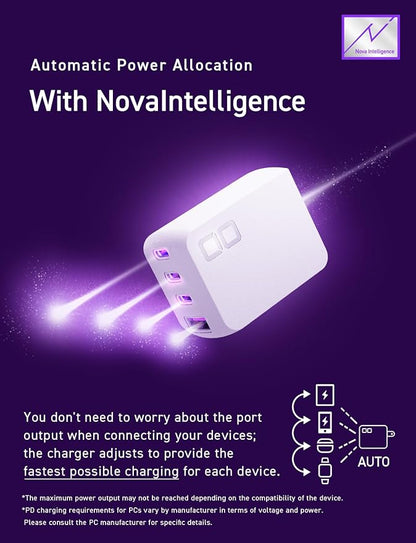 CIO 65W GaN Charger Block, Compact 4-Port Adapter with 3 USB-C Ports & 1 USB-A, Max 67W USBC Fast-Charging Multi-Device Wall Charger Block for Laptop/Phone/Tablet, NovaPort Quad II 67W3C1A (White)