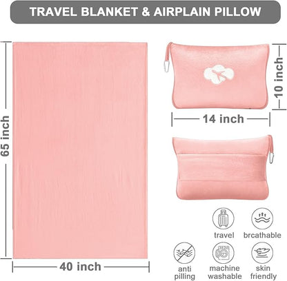 Travel Blanket and Pillow Compact, Premium Soft 2 in 1 Airplane Blanket with Soft Bag Pillowcase，Hand Luggage Sleeve and Backpack Clip (Solid Pink)