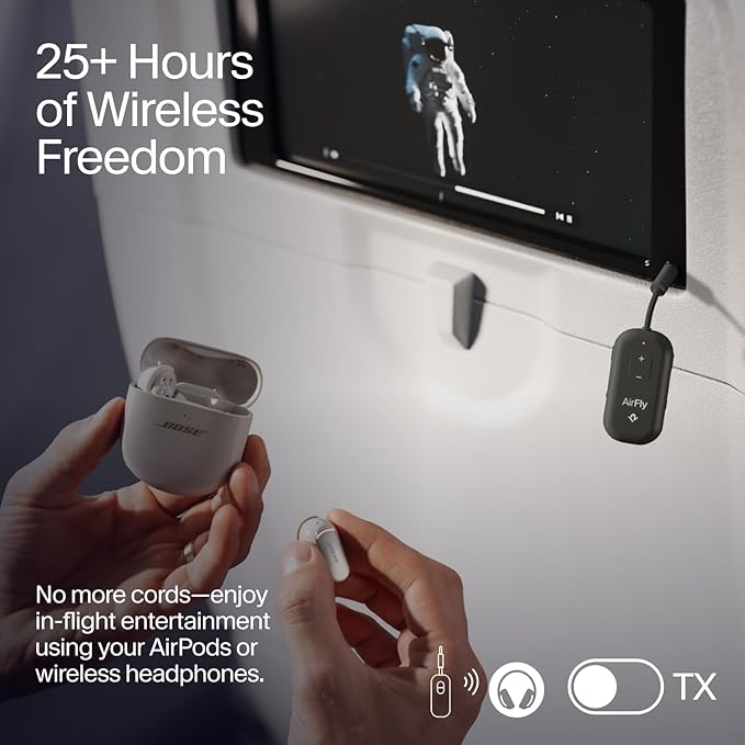 AirFly Pro 2 – Bluetooth Adapter for Airplane, Pair 2 AirPods or Wireless Headphones – 3.5mm AUX Bluetooth Transmitter and Receiver for Cars, Boats, Treadmills, TVs– Airplane Travel Essentials, Black