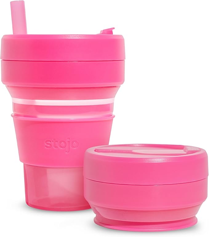 STOJO Collapsible Travel Cup - Reusable To-Go Pocket Size Silicone Bottle for Hot and Cold Drinks - Perfect for Camping - Microwave & Dishwasher Safe (16 Ounce (Pack of 1), Translucent Hot Pink)