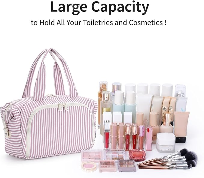 Narwey Travel Toiletry Bag, Wide-open Large Toiletry Bags for Traveling Women, Checkered Travel Bag for Toiletries Cosmetic Makeup Bag Organizer, Skincare Make Up Bag (Dusty Pink Stripe)