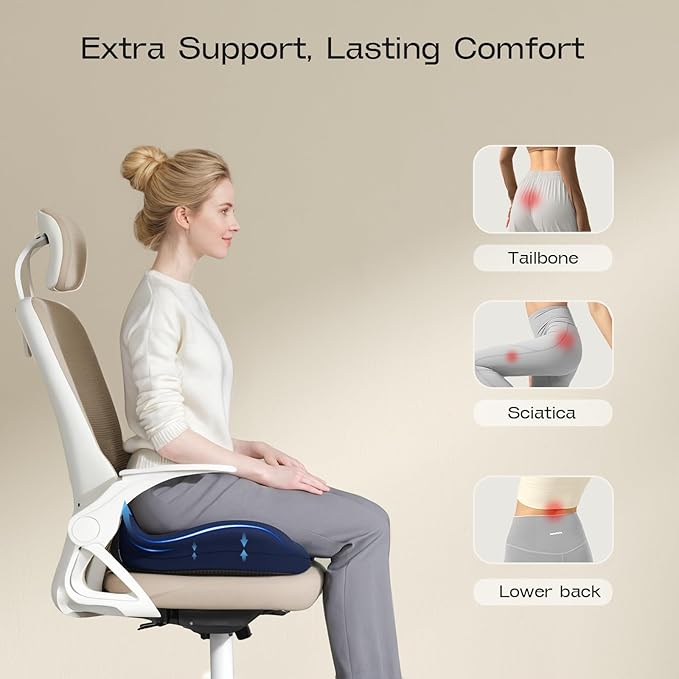 Seat Cushions for Office Chairs - Ergonomic Tailbone Pain Pressure Relief Seat Cushion - Extra Large & Thick Design Memory Foam Office Chair Cushion, 21.2" W X 16.5" L (Blue)