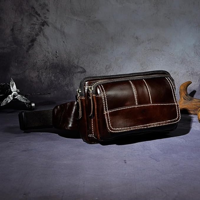 Rugged Pull-Up Leather Waist Bag for Men Full Grain Vintage Outdoor Compact Hip Pouch with Gift Box (Coffee)