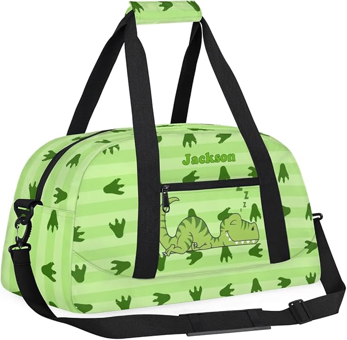 Personalized Duffel Bag for Kids Girls Boys, Cute Dinosaur Custom Name Gym Bag Overnight with Padded Handles Carry On Weekend Sports Travel Bag for School Practice Gymnastics Ballet