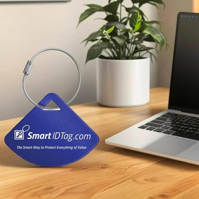 Dynotag® Express Series Solid Metal Web Enabled Smart Bag Tag ID + Steel Loop, Anodized Aluminum with DynoIQ™ & Lifetime Recovery Service (Sapphire Blue)