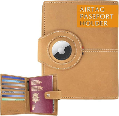 GARZINI Passport Holder with AirTag, Passport Wallet with RFID, Travel Accessories, Travel Document Holder with ID Window, Leather Passport Holder for 7 Cards, Camel Brown