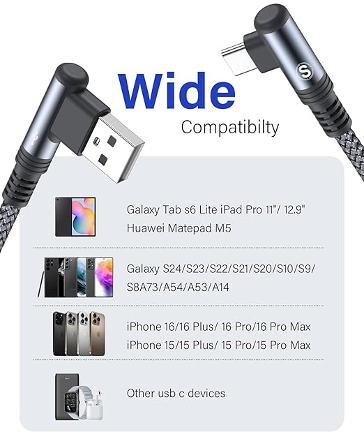 sweguard iPhone 17 Charger USB to Type C Cable 90 Degree [2-Pack,10FT] Fast Charging Cord for iPhone 17 16 15 Pro Max Plus Samsung Galaxy S25 S24 S23 S22 S21 S20 A54 A15 Note Flip LG Pixel Moto