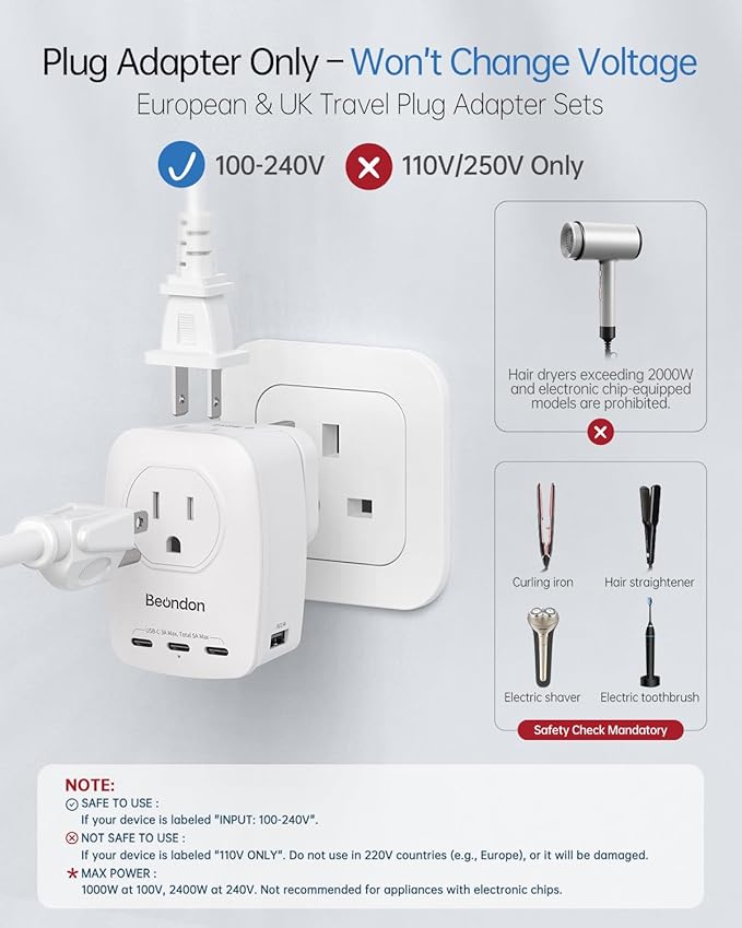 BEONDON European Travel Adapter Kit with Detachable Plugs (C/E/F/G) for UK, France, Germany, Italy, Spain & More - 2 US Outlets & 5 USB Ports (3 USB C) - Multi-Device Charger