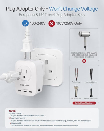 BEONDON European Travel Adapter Kit with Detachable Plugs (C/E/F/G) for UK, France, Germany, Italy, Spain & More - 2 US Outlets & 5 USB Ports (3 USB C) - Multi-Device Charger