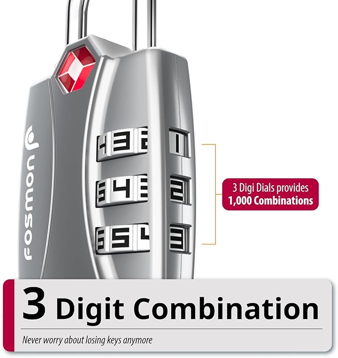 Fosmon TSA Approved Locks for Luggage. Suitcase Locks with Open Alert Indicator, 3 Digit Combination Padlock with Alloy Body for Travel, Backpack Zipper Anti Theft, Locker, Gym- Silver 2 Pack