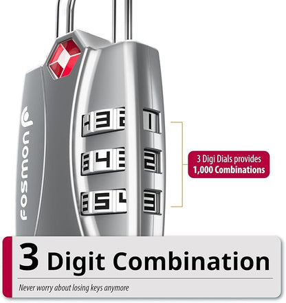 Fosmon TSA Approved Locks for Luggage. Suitcase Locks with Open Alert Indicator, 3 Digit Combination Padlock with Alloy Body for Travel, Backpack Zipper Anti Theft, Locker, Gym- Silver 2 Pack