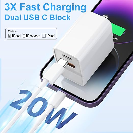 iPhone Fast Charger,[MFi Certified]2Packs 20W Dual Port PD/QC3.0 USB C Wall Charger with 6FT USB C to Lightning Cable Data Sync Cord For Apple iPhone 14 13 12 11 Pro Max X Xr Xs Max 8Plus, AirPods Pro