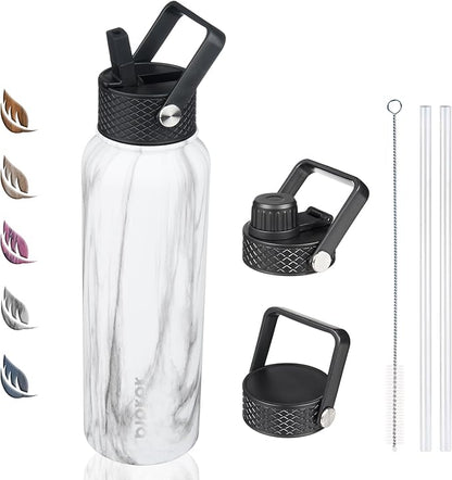 BJPKPK Insulated Water Bottles with Straw Lid, 40oz Stainless Steel Water Bottles with 3 Lids, BPA Free Leakproof Thermo, Tumblers, Cups for Sports, Gym- White Birch