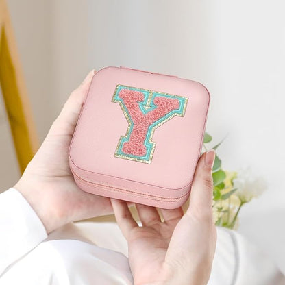 SANDJEST Personalized Jewelry Box, Pink Travel Jewelry Box with Initial Y, Small Monogrammed Jewelry Case Organizer for Girls Women Teen Kids, Mini Travel Essentials Gifts for Birthday Christmas