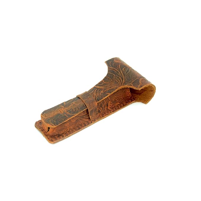 JJNUSA Handmade Sleeve Travel Pouch Leather Safety Razor Case, Double Edge Razor 4.5", Old Fashioned Razor Sleeve Shaving Accessories Men's Shaving Razor Flower Brown