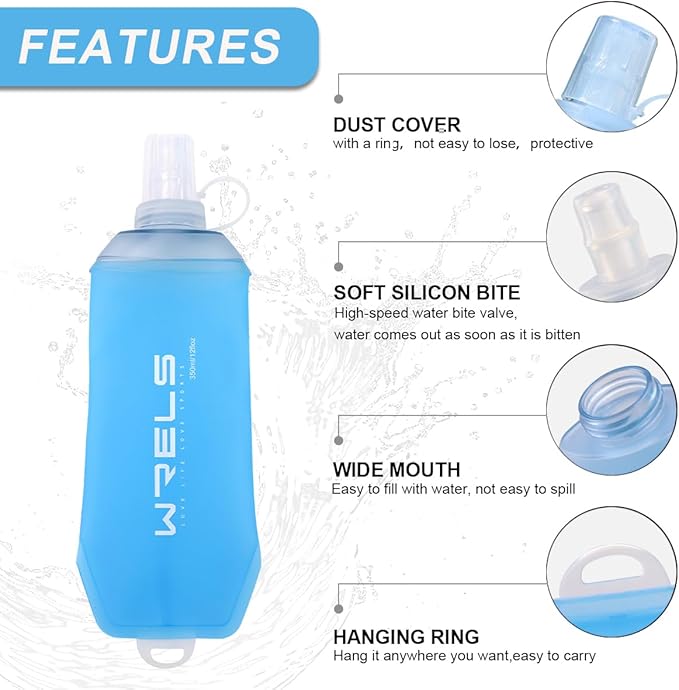 200ml/350ml/500ml Collapsible Soft Flask,BPA Free Folding Soft Water Bottle with Hanging Ring,Lightweight TPU Hydration Flask for Running Marathon Cycling Hiking(500ml-2 Packs)
