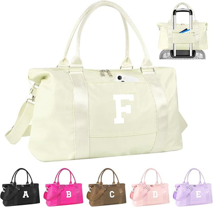 Initial Travel Duffel Bag Sports Gym Bag for Kids Teen,Beige Personalized Weekender Carry On Cheer Dance Bags for Girls Women Men,Waterproof Overnight Bag Monogram Birthday Christmas Gifts(Letter F)