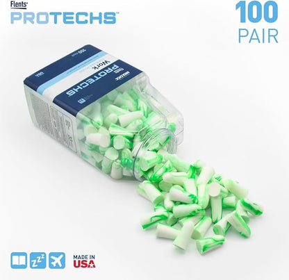 Flents Protechs Foam Ear Plugs for Work, Loud Noise, Heavy Machinery, Construction, Studying & Traveling, NRR 33, Green, Made in The USA, 100 Pair