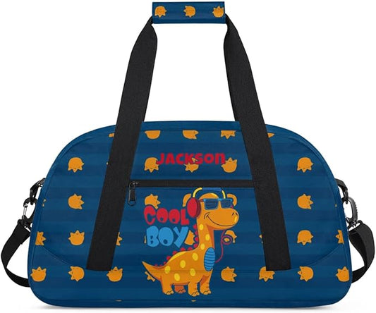 Personalized Duffel Bag for Kids Girls Boys, Cute Dinosaur Custom Name Gym Bag Overnight with Padded Handles Carry On Weekend Sports Travel Bag for School Practice Gymnastics Ballet