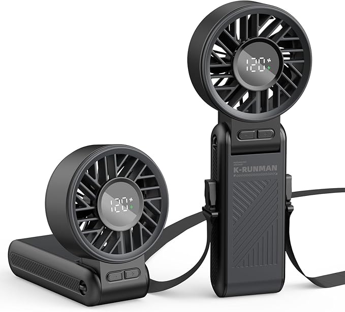 Portable Handheld Fan, 4000mAh Rechargeable, 6 Speed Settings, LCD Display, 3-in-1 Foldable Mini Desk Fan with Lanyard (BLACK)