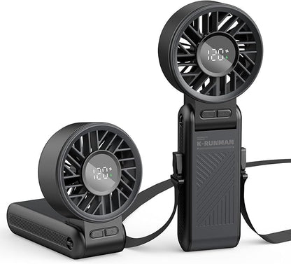 Portable Handheld Fan, 4000mAh Rechargeable, 6 Speed Settings, LCD Display, 3-in-1 Foldable Mini Desk Fan with Lanyard (BLACK)