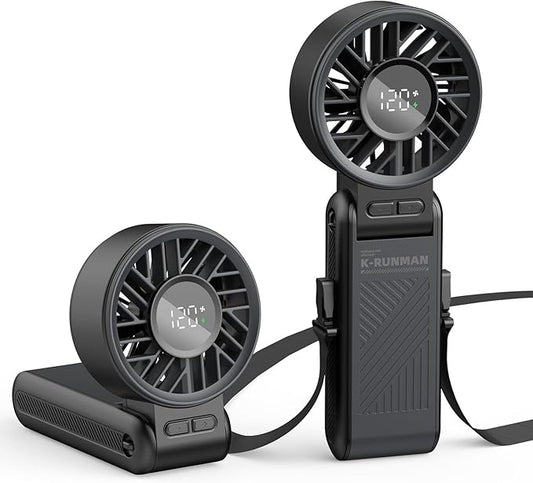 Portable Handheld Fan, 4000mAh Rechargeable, 6 Speed Settings, LCD Display, 3-in-1 Foldable Mini Desk Fan with Lanyard (BLACK)