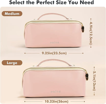 Prite Makeup Bag for Women Travel Waterproof Vegan Leather Cosmetic Bag Open Flat Toiletry Bag With Clear Divider and Handle (Pink)