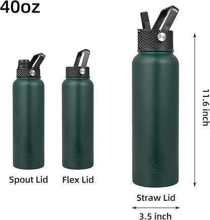 BJPKPK Insulated Water Bottles with Straw Lid, 40oz Stainless Steel Metal Water Bottle with 3 Lids, Reusable Thermo, Keep Cold Hot for Sports, Gym-Army Green