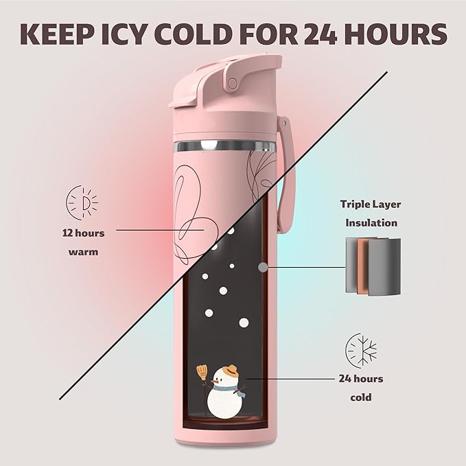 OISIZ Insulated Water Bottle 24 oz with 2 in 1 Spout and Straw Lid,One Click Safety Lock,100% Leakproof,Keep Cold 24H,Vacuum Stainless Steel Water Bottle for School,Travel and Sports,Dishwasher Safe