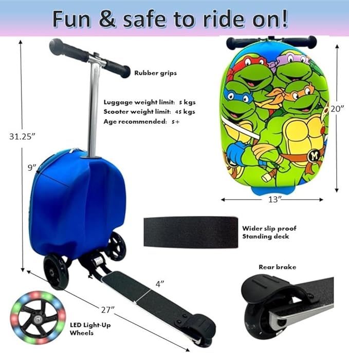 Fast Forward Kid’s Licensed 18" Ride-On Suitcase Scooter - Lightweight Carry-On Foldable Scooter Luggage