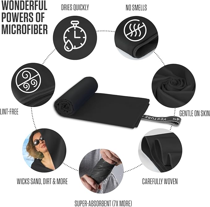 VENTURE 4TH - 4pcs Quick Dry Towels. Microfiber Travel Towels. Lightweight & Fast Drying Travel Towels for Body. Compact & Easy to Pack - 4 Pack Black Extra Large