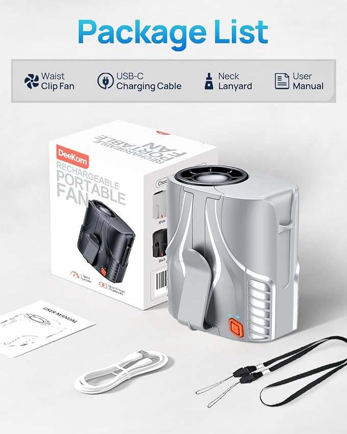 2025 Portable Personal Waist Fan& Neck Fan, 14000RPM Brushless Motor, 40H Runtime Rechargeable, 6-Speed Quiet Operation, Clip-On Personal Body Cooling for Camping/Worksites/Outdoor