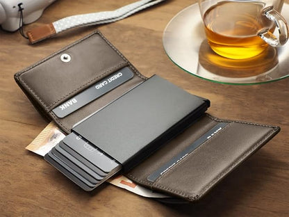 PULARYS Mini Wallet BOSTON - Multifunckion Credit Card Case - Italian Leather - RFID blocking - Size: 7.5 x 9.5 x 2.5 cm - Space for up to 10 Cards - Snap Fastener - Classic Design
