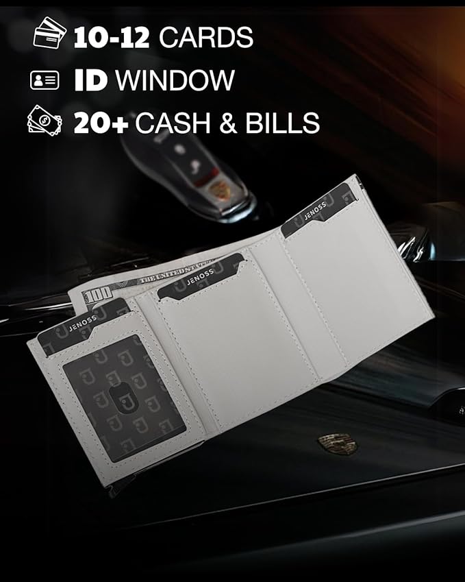 Jenoss Smart Wallet For Men: Full Grain Leather, Handcrafted, Slide Metal Pop Up Case, Slim RFID Blocking Credit Card Holder, Minimalist, Compact 12 Cards Slot Organizers, ID, Money Clip (Grey & Navy)