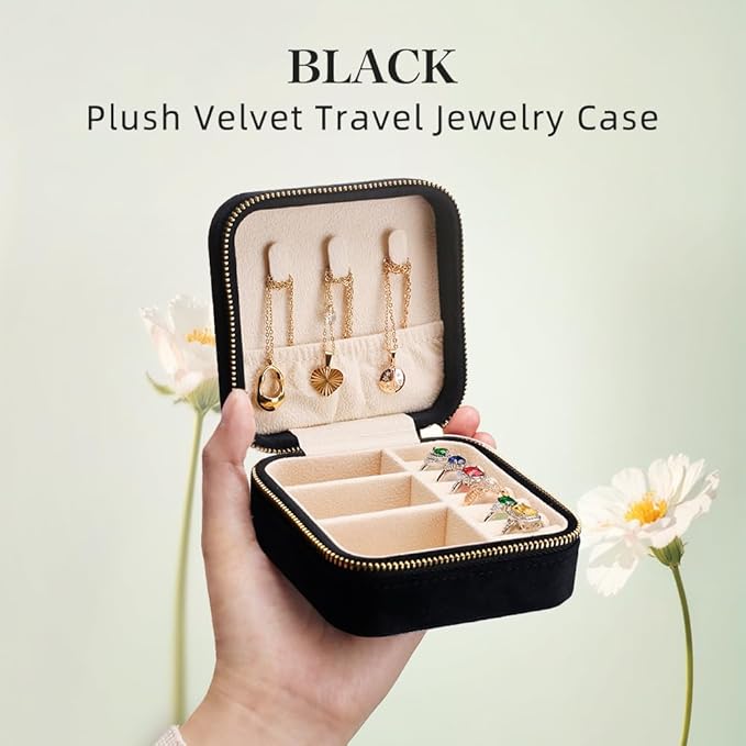 TAIMY Travel Jewelry Case, Small Plush Velvet Jewelry Box for Women and Girls, Portable Jewelry holder organizer for Rings Earrings Necklaces Bracelets(Black)