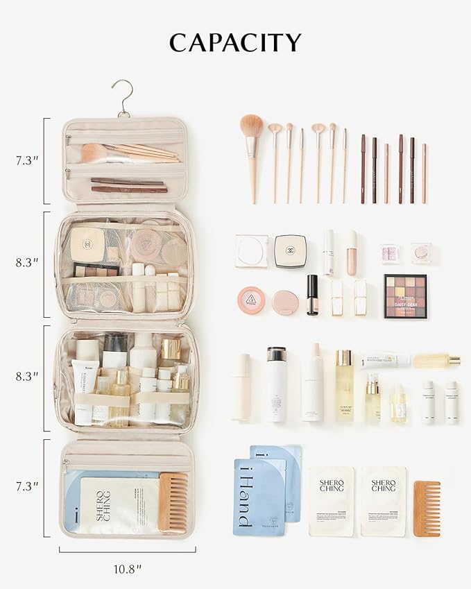 EACHY Toiletry Bag with Hanging Hook, Travel Makeup Bag PU Leather Cosmetic Bags for Women Make Up Organizer with 4 Compartments Waterproof Full-Size Portable Travel Essentials (White，Pro)