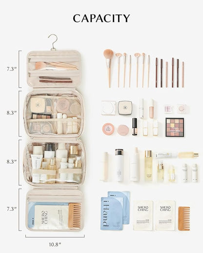 EACHY Toiletry Bag with Hanging Hook, Travel Makeup Bag PU Leather Cosmetic Bags for Women Make Up Organizer with 4 Compartments Waterproof Full-Size Portable Travel Essentials (White，Pro)