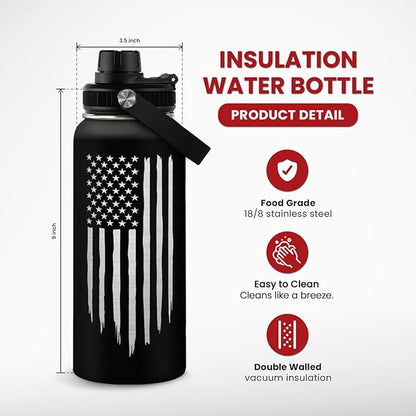 American Flag Water Bottle 32oz - SA Water Bottles Stainless Steel Insulated with Lid, America Gifts Ideas for Men Gym Sports Outdoor Workout
