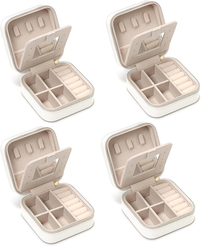 Jewelry Case with Mirror, Small Travel Jewelry Organizer, Portable Mini Storage Box for Rings, Earrings, Necklaces, Gift for Mom, Girl, Daughter, Sisters, Bridesmaids, Mother's Day Gift (White-4pack)
