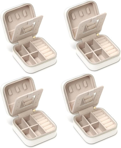 Jewelry Case with Mirror, Small Travel Jewelry Organizer, Portable Mini Storage Box for Rings, Earrings, Necklaces, Gift for Mom, Girl, Daughter, Sisters, Bridesmaids, Mother's Day Gift (White-4pack)