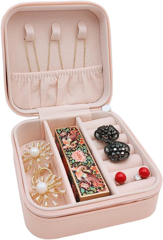 Mini Jewelry Case, Small Travel Jewelry Organizer, Portable Jewelry Box Mini Storage Organizer Display Box For Rings Earrings Necklaces (Pink-4)