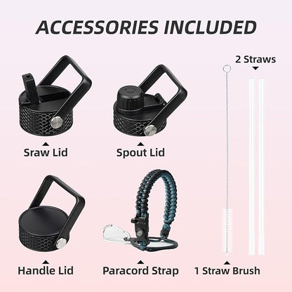 BJPKPK Large Insulated Water Bottles with Straw Lid & Handle, 50oz, 64oz, 87oz, 128oz Water Bottle with 3 Lids and Paracord Strap, Stainless Steel Metal Water Bottle, Insulated Water Jug, Black