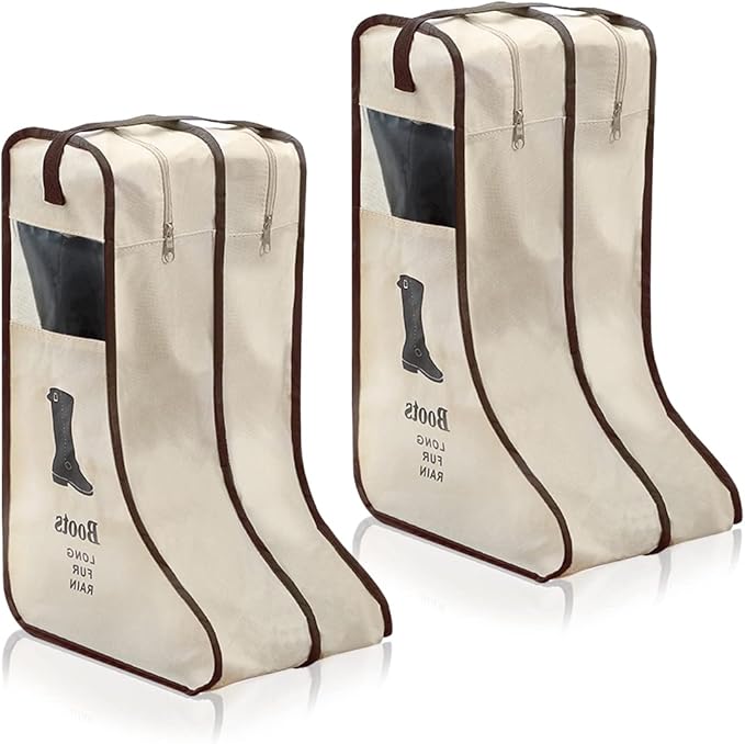 2 Pack Portable Boots Storage Bag, Beige Shoe Bags for Storage and Travel Dust Proof Travel Shoe Bags for Packing (Large)