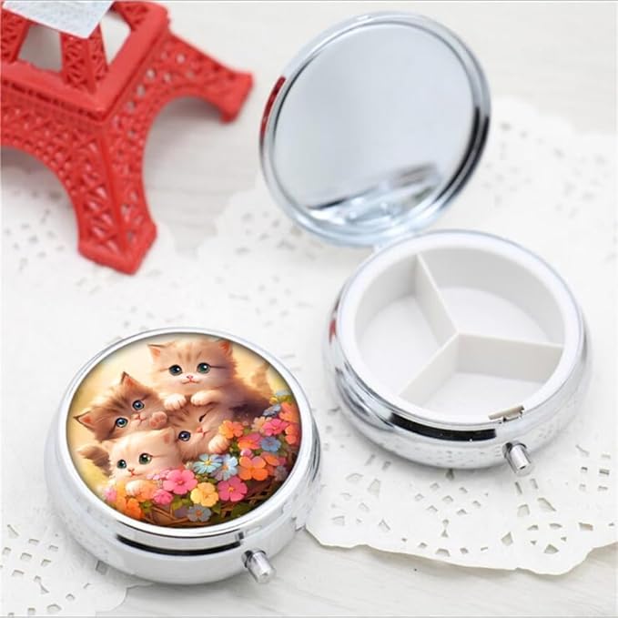 Pill Box,Cats Cat Round Pill Box 3 Compartment Decorative Pocket Purse Portable Mini Travel Medicine Tablet Vitamin Holder Organizer Pill Case