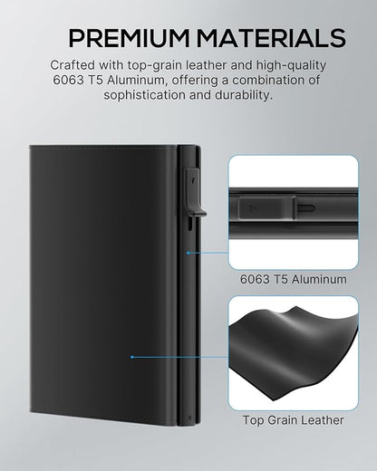 Mens Wallet Card Holder - Smart Wallet for Men, Pop Up Card Case, Top Grain Leather, RFID Blocking, Slim, Minimalist, Ultra Thin, Front Pocket, 9-14 Card Capacity | ID Window | Cash Slot (Black)