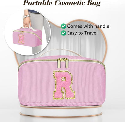 Personalized Initial Makeup Bag,Christmas Gifts for Girl,Preppy Bag Cosmetic Travel Bag Women,Travel Toiletry Organizer,Large Capacity Corduroy Stuff Bag,Cute Cosmetic Pouch Skincare Bag-W