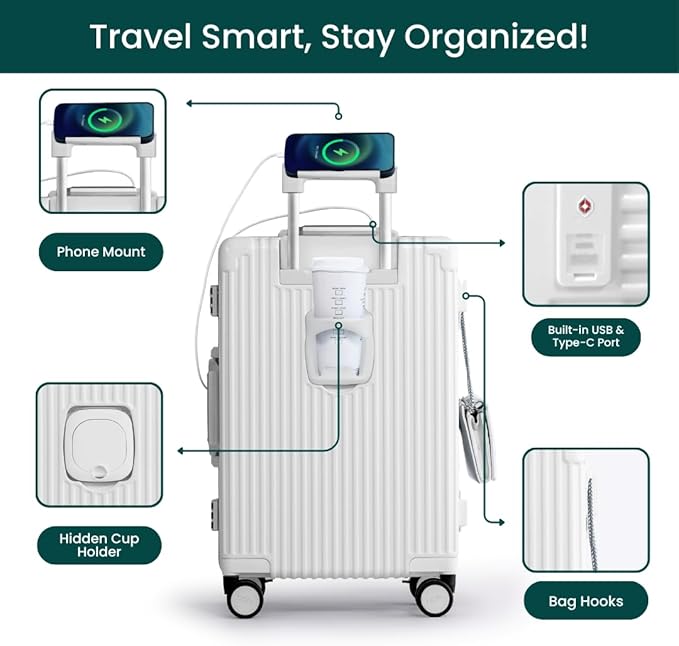 Nobl Travel Carry On Luggage, Noble Zipperless Aluminum Frame PC Hard Shell Suitcase, 22.5x15x9.5 Airline Approved, 360° Spinner Wheels, TSA Locks, USB Charging Port, Cup & Phone Holder - Ivory