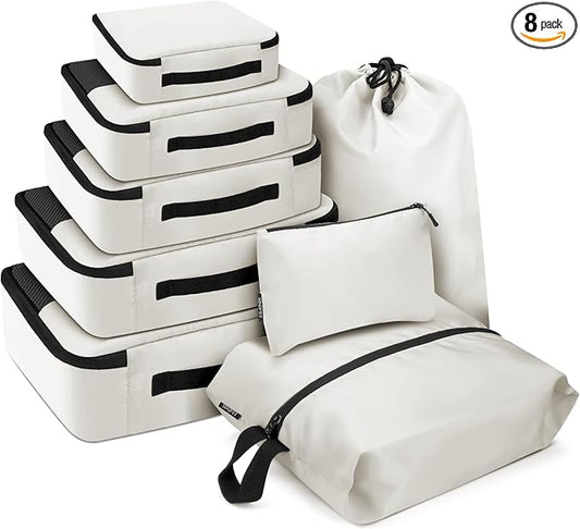 SDGFUI 8 PCS Compression Packing Cubes for Travel Women, Compression Bags Organizer for Luggage Space Saving Travel Essentials and Carry on, Luggage Organizer Bags for Suitcase - Beige